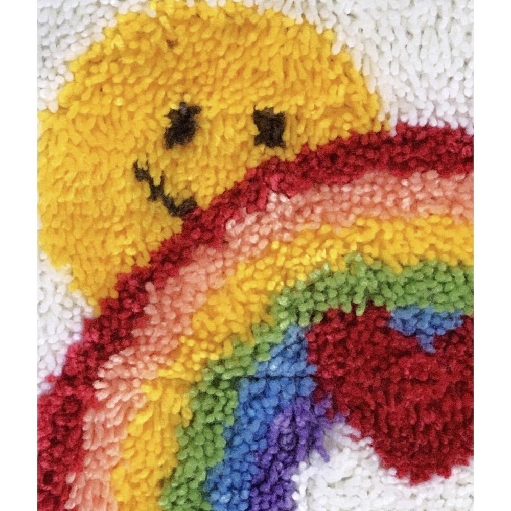 Vtg Happy Face Rainbow Completed Latch Hook Wall Hanging Pillow Stool Cover 12"